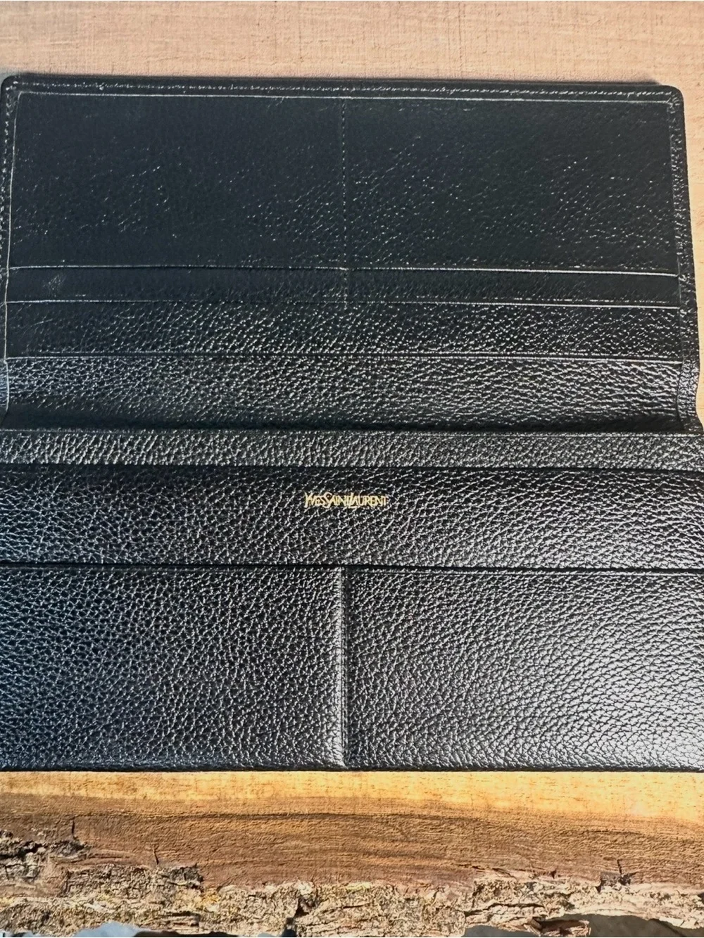 YSL Saint Laurent Monogram Black Leather Wallet Textured Grain Gold Logo Bifold